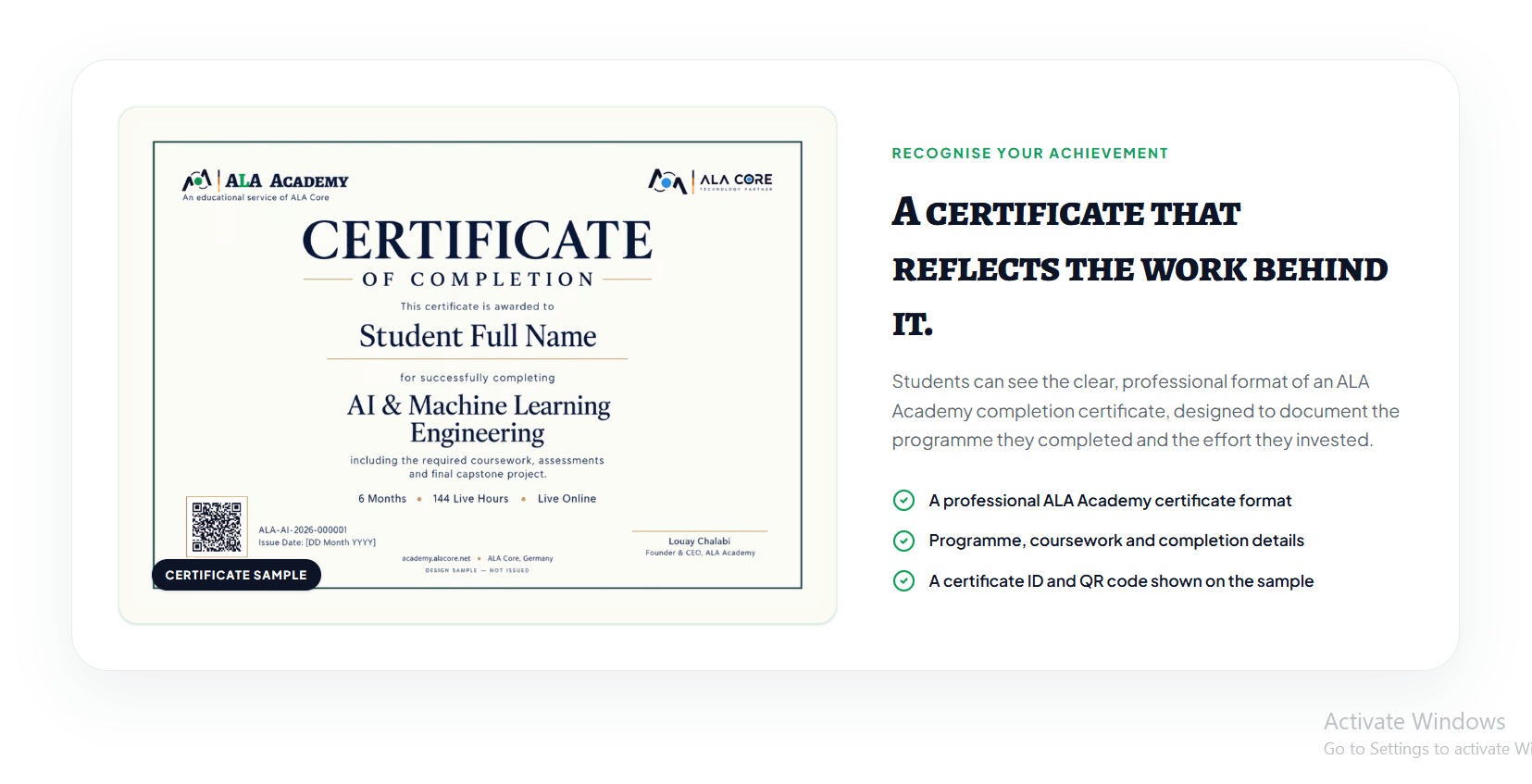 Proof that carries weight. Completion certificates document the programme, coursework, and work behind the result.