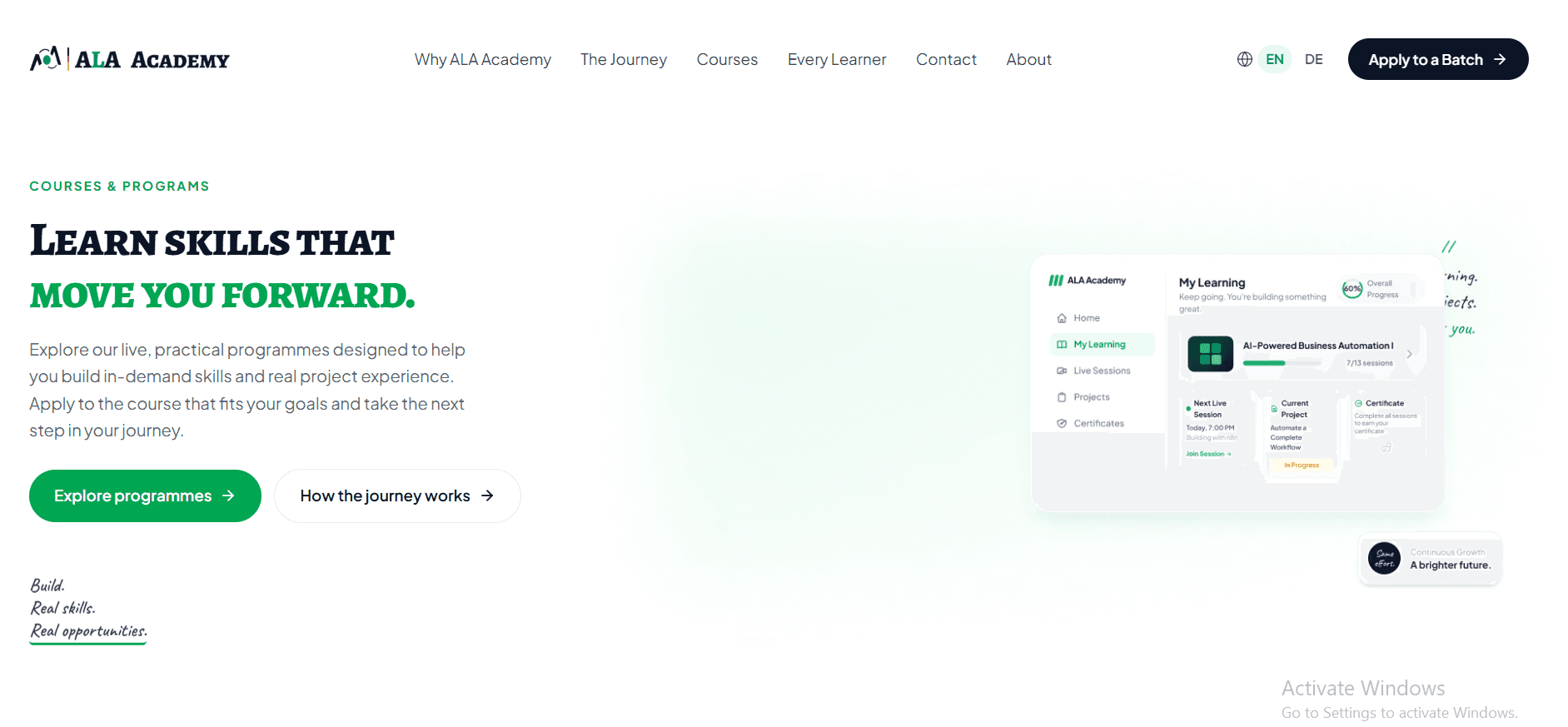 Your learning at a glance. Progress, live sessions, projects, and certificates stay organised in one personal dashboard.
