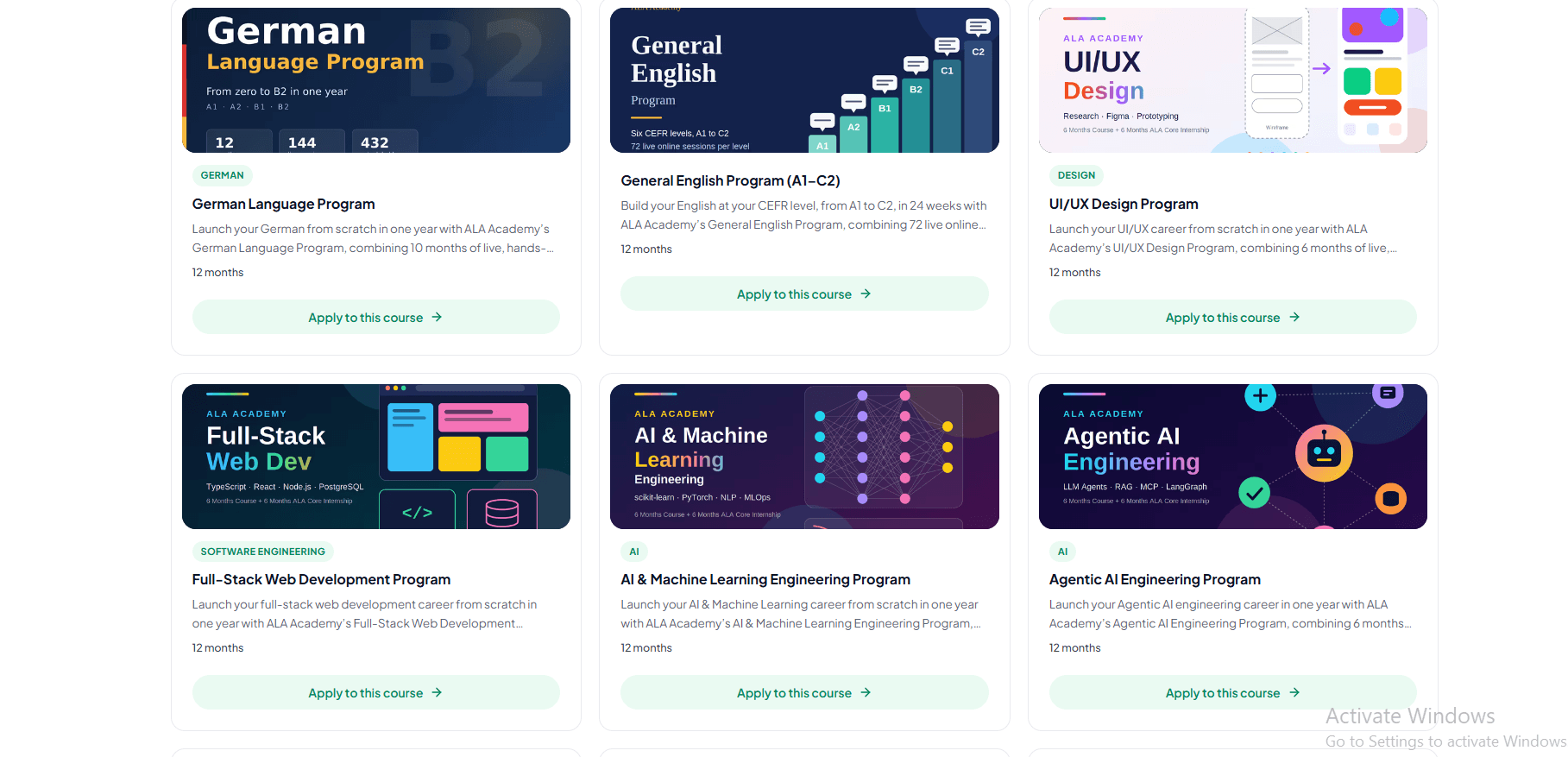 Programmes built around demand. Language, design, web, AI, and agentic engineering tracks connect learning to real market needs.