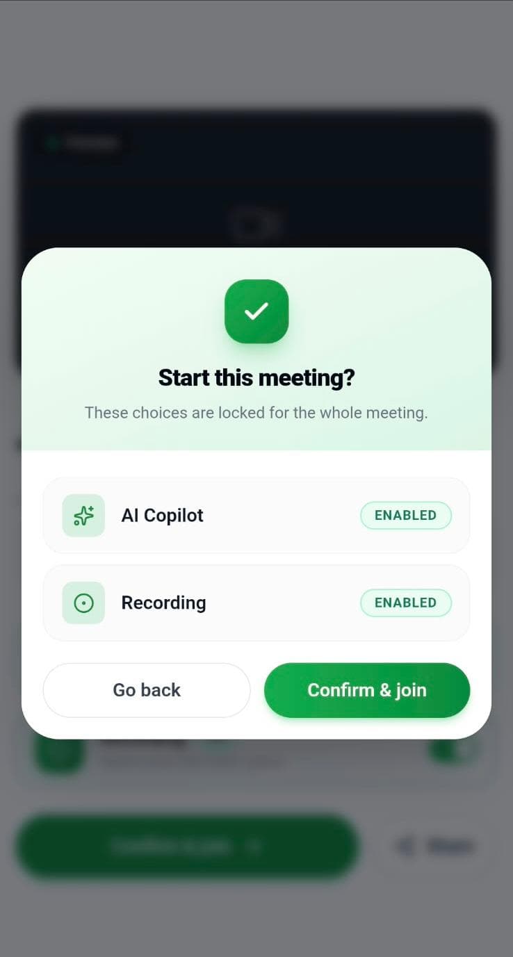 Controls before you join. Choose AI Copilot and recording preferences before the conversation begins.
