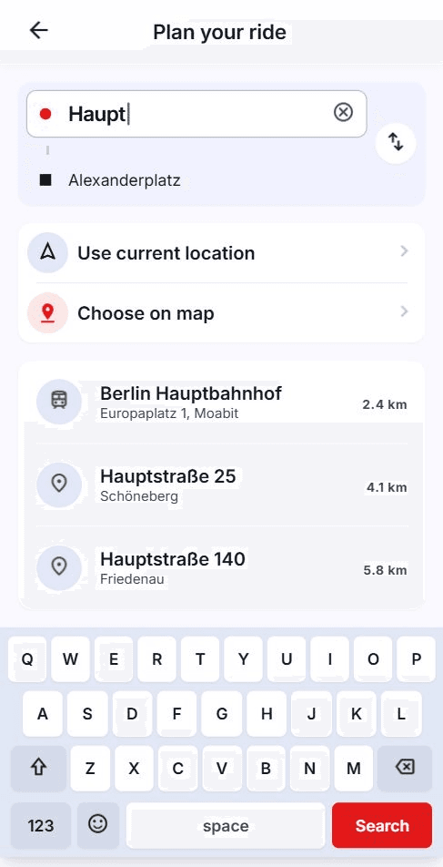 Start from where you are. See nearby drivers, choose Ride or Parcel, and use saved and recent destinations.