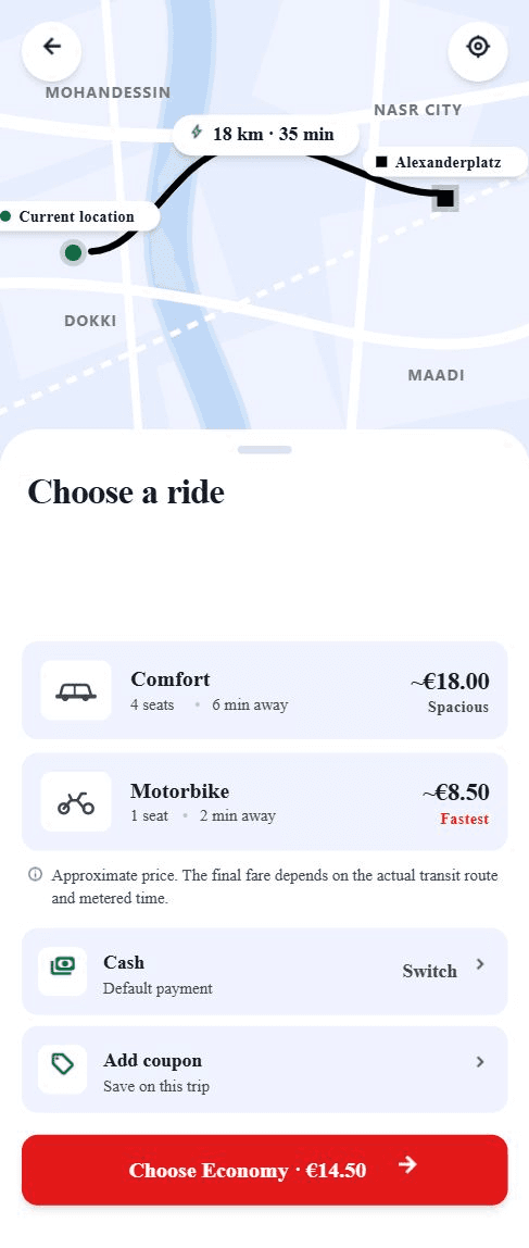 Choose the right ride. Compare economy, comfort, and motorbike options with clear arrival times and prices.
